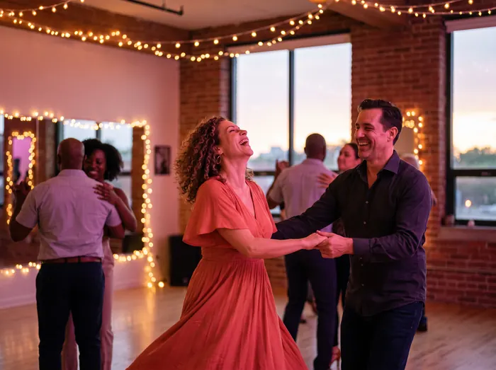 A couple dancing salsa together in the studio