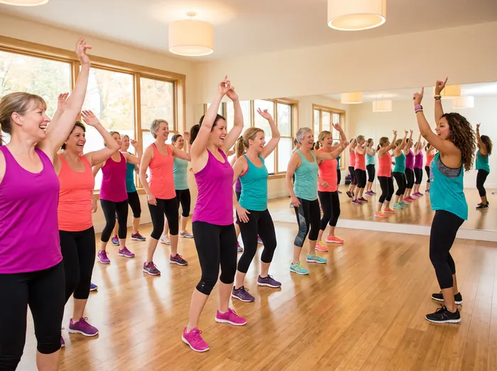 Women laughing and dancing in a Zumba class
